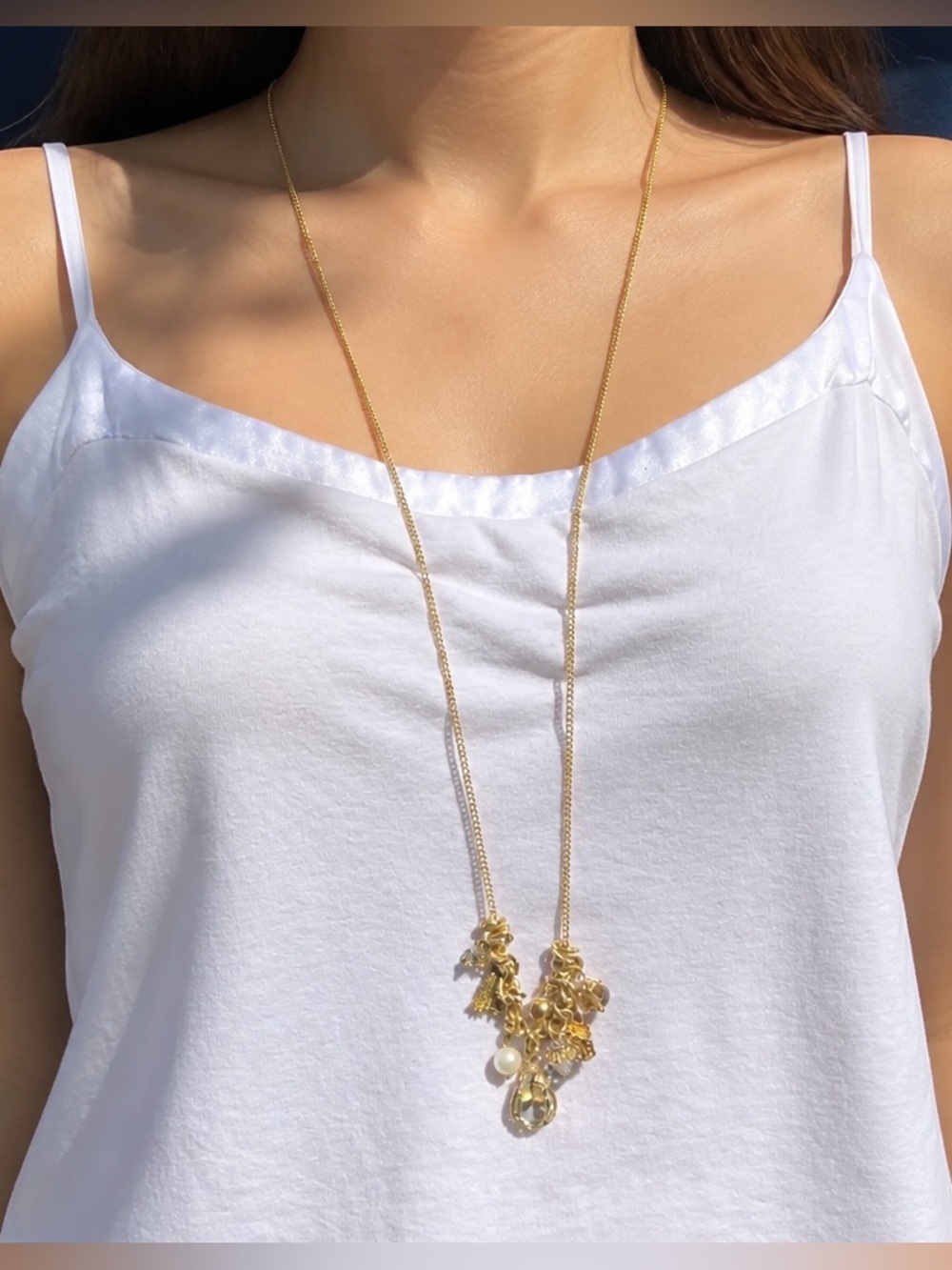 Vintage Gold Charmed Necklace With Crystals, Faux Pearls and Tassel 30” Long